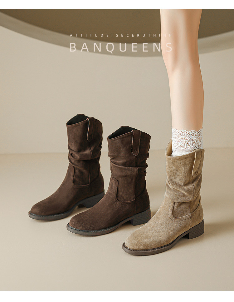Западные Boots 真皮版！半曲西部牛仔靴2025年秋季美拉德短靴子中筒靴堆堆靴女靴