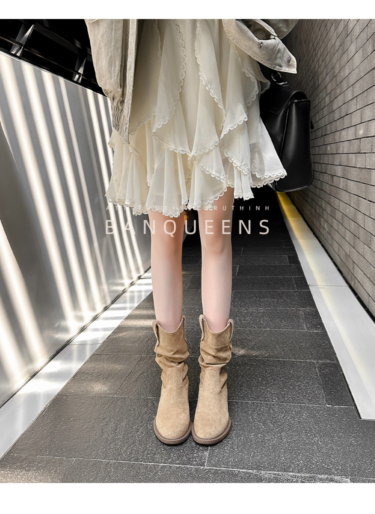 Западные Boots 真皮版！半曲西部牛仔靴2025年秋季美拉德短靴子中筒靴堆堆靴女靴