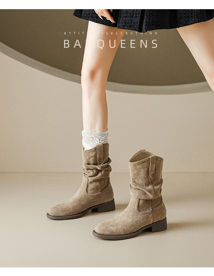 Западные Boots 真皮版！半曲西部牛仔靴2025年秋季美拉德短靴子中筒靴堆堆靴女靴