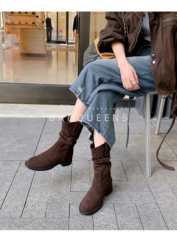 Западные Boots 真皮版！半曲西部牛仔靴2025年秋季美拉德短靴子中筒靴堆堆靴女靴