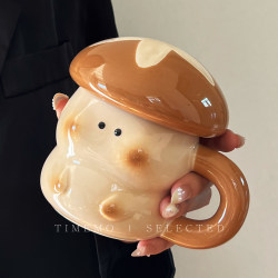 Cute Milk Fufu Mug Birthday Gift for Girls and Students, Personalized Creative Cartoon Mushroom Ceramic Cup with Lid