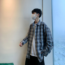 Port wind Japanese ins Long-sleeved plaid shirt mens summer casual versatile shirt jacket thin section very fairy top