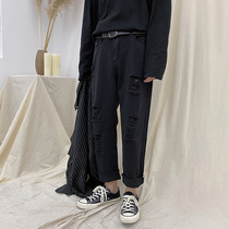2021 new ripped jeans men loose straight slim summer thin Korean version of the trend black nine-point pants