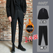 Autumn and Winter Hong Kong style simple blazer casual trousers All black casual suit male ruffian handsome velvet nine-point pants