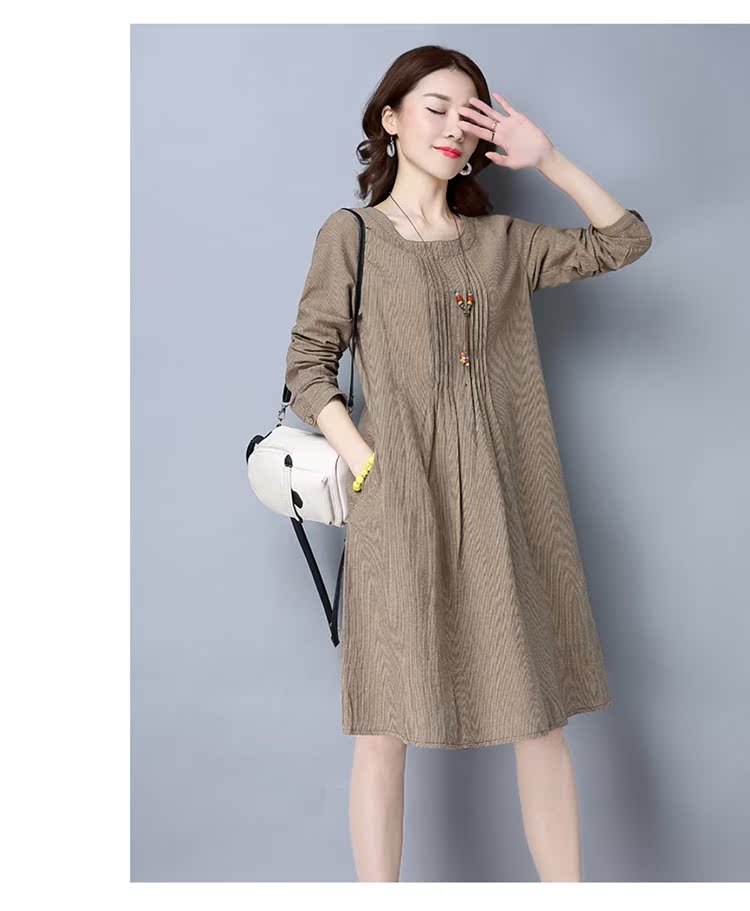 Chất liệu cotton và vải lanh Hàn Quốc phiên bản dài vừa phải của vải lanh retro dài một chiếc váy mùa xuân 2019 mới cho phụ nữ áo dài tay 3207 - A-Line Váy váy chữ a cho người béo