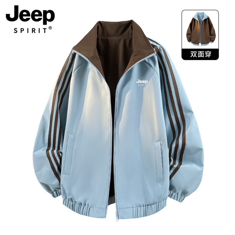 Jeep Reversible Jacket for Men and Women, Spring and Autumn, Students and Teenagers, Loose Fit, Couple's Three-Stripe Casual Sports Jacket