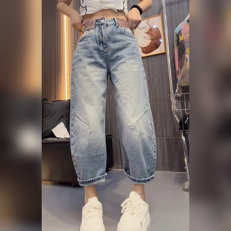 American-Style Trendy Brand Design Cropped Pants for Women, 2026 Summer New High-Waisted Loose Straight Wide-Leg Jeans for Plus-Size Women