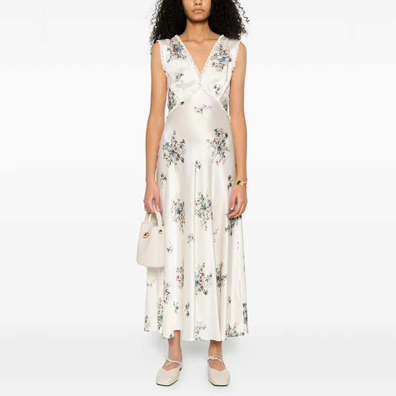 [in Stock] 2026 Early Spring New French Lace Trim V-Neck Printed Long Dress Sleeveless Backless Dress for Women