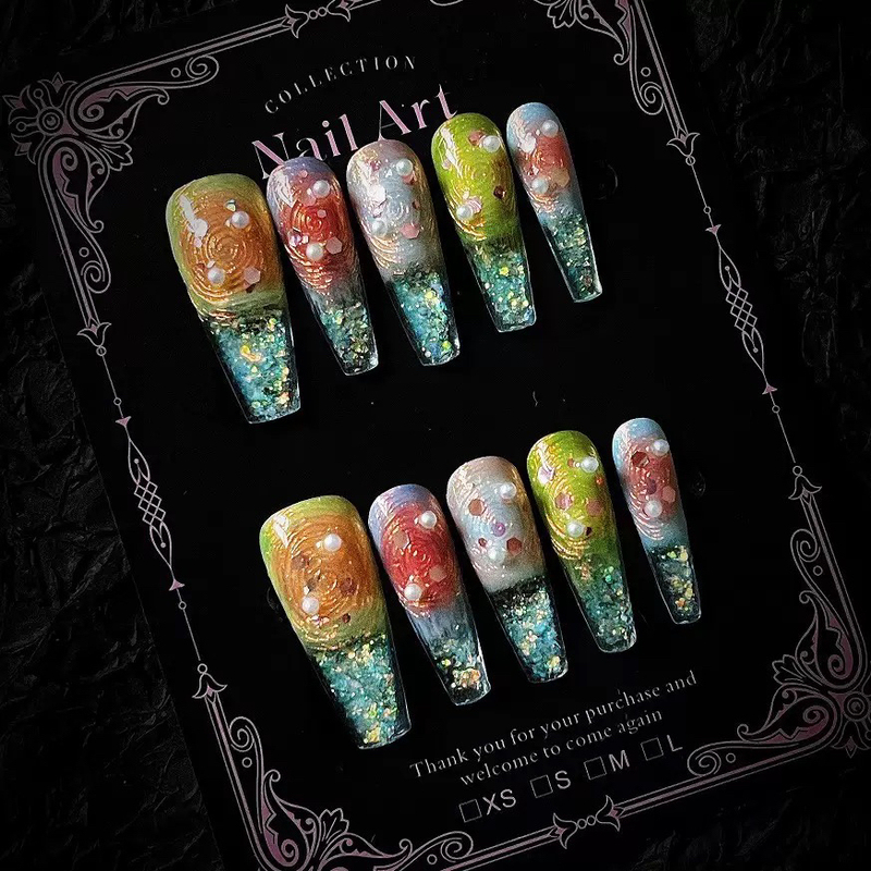 Retro Colorful Mermaid Swirl Silver Quicksand Flow Hemp Niche Handmade Wearable Nails
