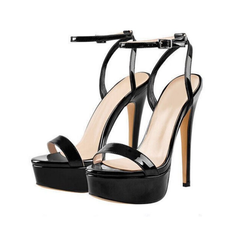 European and American Style One-Strap High-Heeled Shoes for Women, Stiletto Heels, Red Patent Leather Platform Sandals, Open-Toe Belt Buckle Elegant Single Shoes
