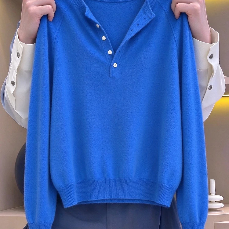 Klein Blue Polo Collar Knit Sweater for Women, New Autumn Style, Loose and Lazy Style, Half-Buttoned Long-Sleeve Soft Sweater