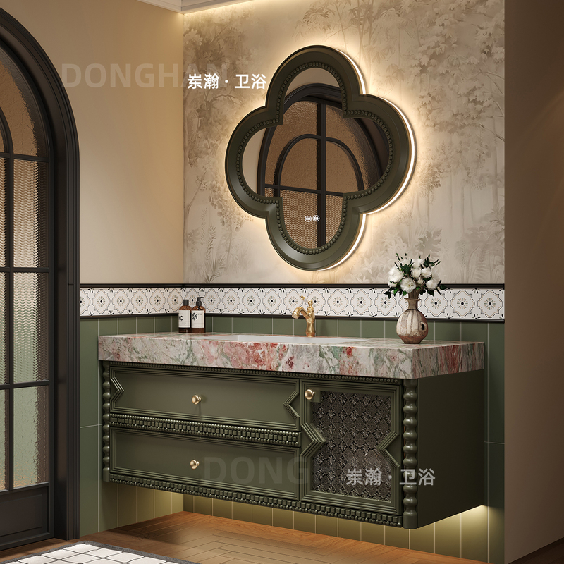 French-Style Vintage Oak Bathroom Cabinet Set with Seamless Integrated Rock Slab Basin, Smart Bathroom Sink