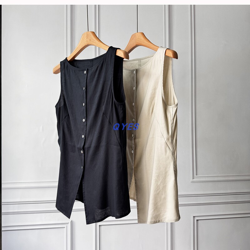 Lightweight Textured Linen ~T~ Boat Neck Sleeveless Waist-Cinching Vest Shirt Lightweight Textured Linen ~T~ Boat Neck Sleeveless Waist-Cinching Vest Shirt