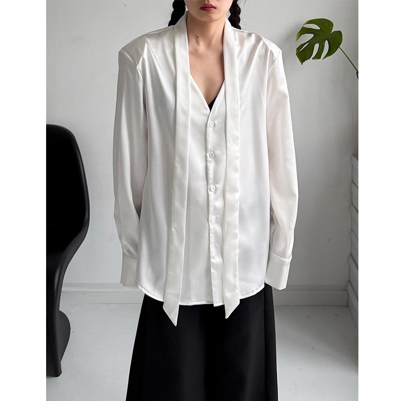 Minimalist V-Neck Satin Drape Shoulder-Padded Shirt with Tie at the Neckline, Loose and Relaxed Fit