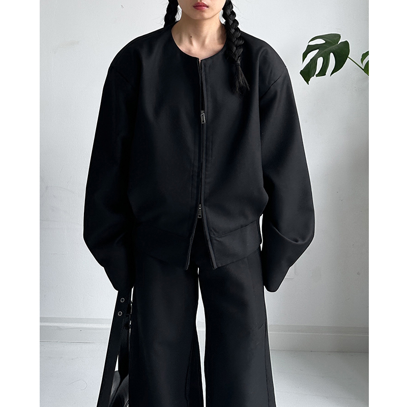 Addiction-Free Korean Minimalist Designer Collarless Blazer Short Jacket with Double-Ended Zipper Loose Casual Top