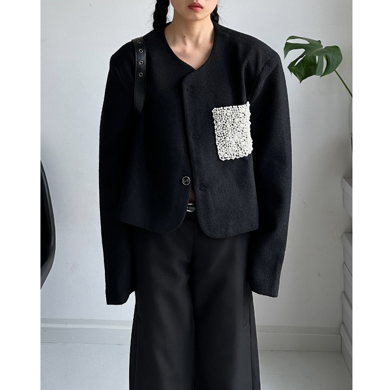 Non-Addictive Niche Design, Heavy-Duty Hand-Stitched Pearl Pocket, Shoulder-Padded Silhouette, Chanel-Style Tweed Black Coat, Loose Jacket