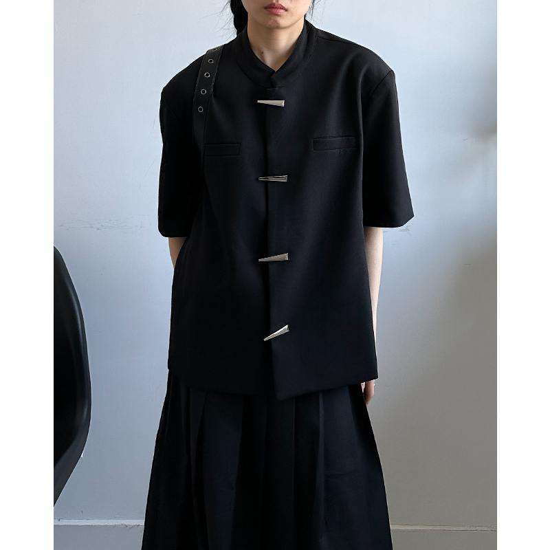 No Addiction Style Dark Niche Wide Version Shoulder Pad Short-Sleeved Black Suit Jacket New Chinoiserie Metal Buckle Loose Suit for Men and Women