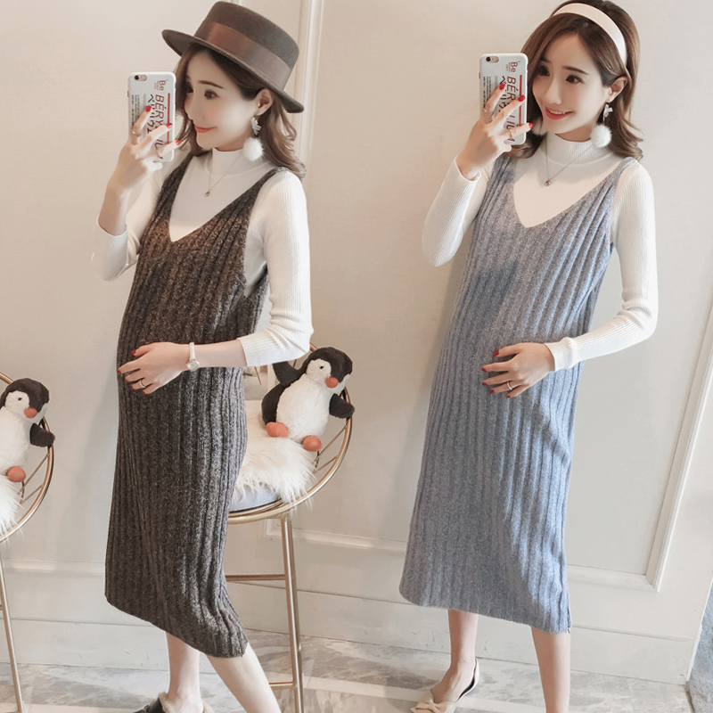 Pregnant women autumn and winter clothing set fashion 2021 new long version with dress knitted vest sweater two-piece set