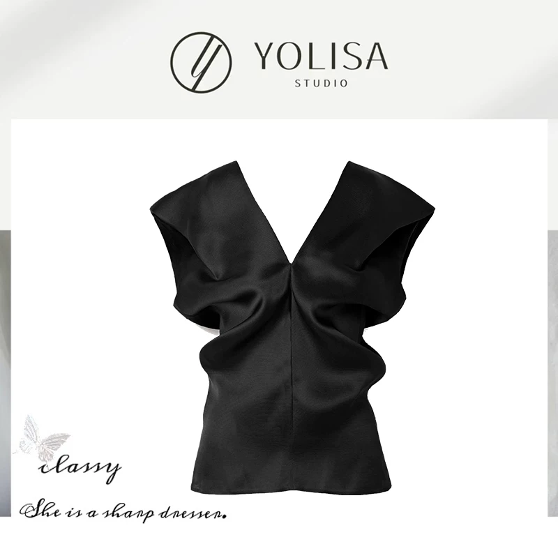 Футболка без рукавов YOLISA Design, облегающий бандаж, французский стиль, V-образный вырез, тренд сезона, западный стиль