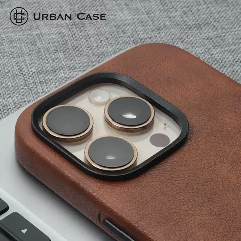 URBAN CASE Brown Leather Copper Camera Ring Phone Case for iPhone 17, 16, 15, 14 and 13