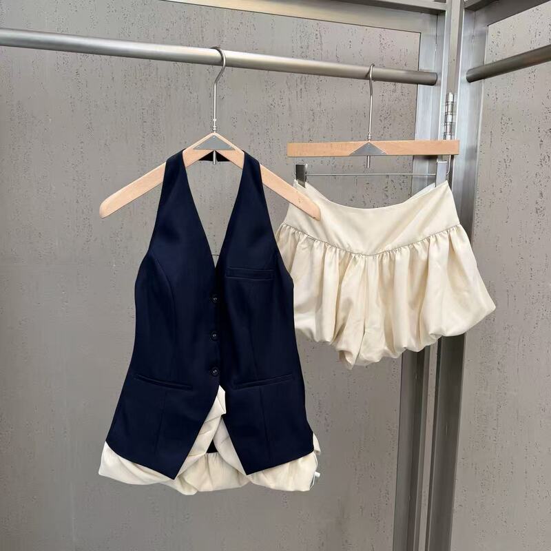 2026 French-Style Elegant Lady Suit for Women, Summer Navy Blue Halter Neck Vest and Short Skirt Two-Piece Set, High-End and Elegant