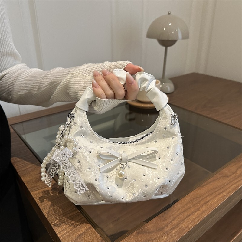 Bagmeizi Diamond-Encrusted Bow Crescent Bag for Women, High-End Pearl Chain Shoulder Crossbody Bag, Fashionable Handbag