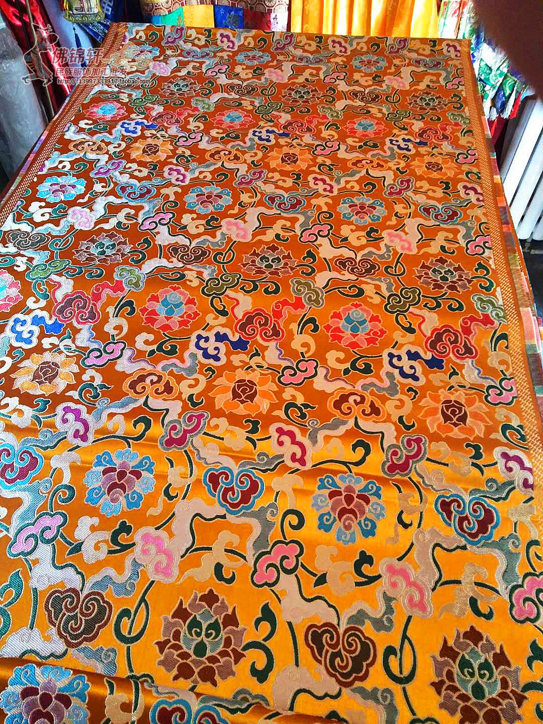 Tibetan-style auspicious cloud Lotus brocade fabric silk one meter price beautiful atmospheric color bright quality bar tribute table