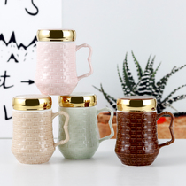 Creative relief ceramic mug with lid spoon coffee cup minimalist lovers water glass office Large capacity Mark Cup