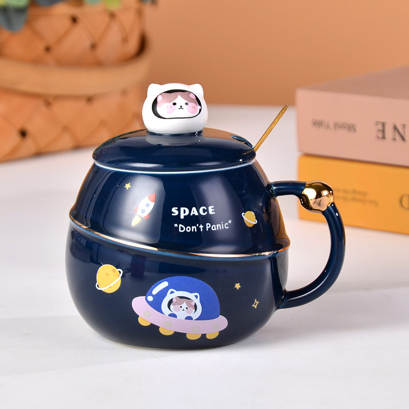 Cartoon Planet Mark Cup Companion Gift ceramic mug birthday present large capacity with lid spoon male and female household water glass