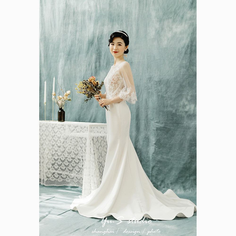 Yu said wedding dress custom style retro fish tail wedding dresses lace satin open forked dressing gowns detachable big trailing