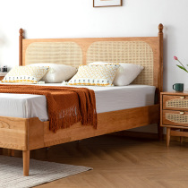 Nordic style solid wood bed 1 8m1 5m retro rattan cherry wood small apartment Japanese style single and double bed adjustable height