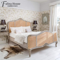 Exported American rattan double bed retro distressed solid wood bed French carved villa rattan double bed