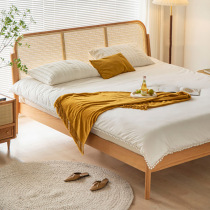 Japanese-style rattan solid wood bed small apartment home 1 8-meter double bed simple Jifeng Bed and Breakfast