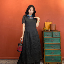 (Hangzhou Hiriu dress) National Wind Embroidery Improved Qipao Dress 2021 Summer Hemp Short Sleeves