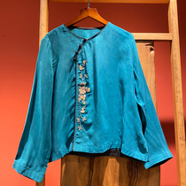 (Hangzhou Hiriu Apparel) Bronze Ammonia Silk Embroidered Blouse 2021 Summer Long sleeves Chinese Wind Short Sweatshirt