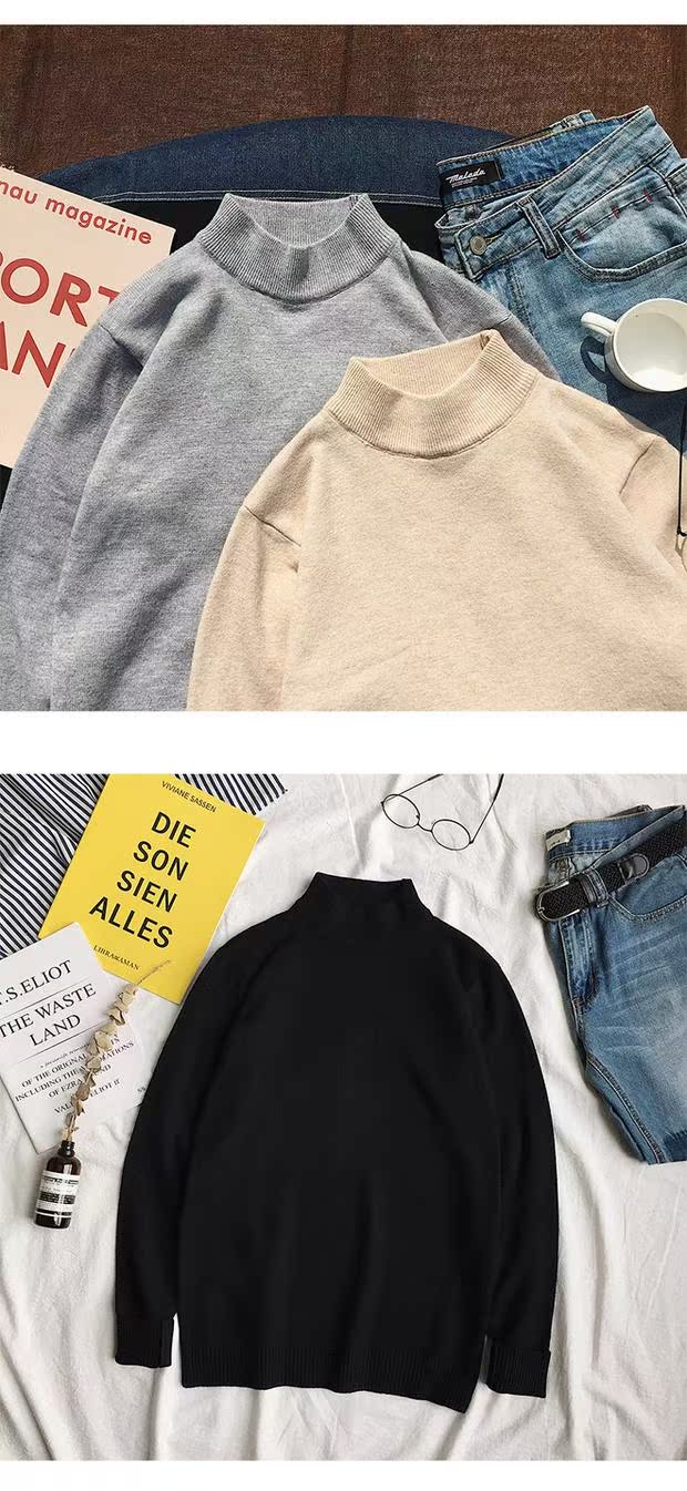 Mùa đông Hàn Quốc ulzzang cổng gió hoang dã dài tay lưới màu áo thun nam phong cách Harajuku nửa cổ áo cao đôi chạm đáy áo áo nam