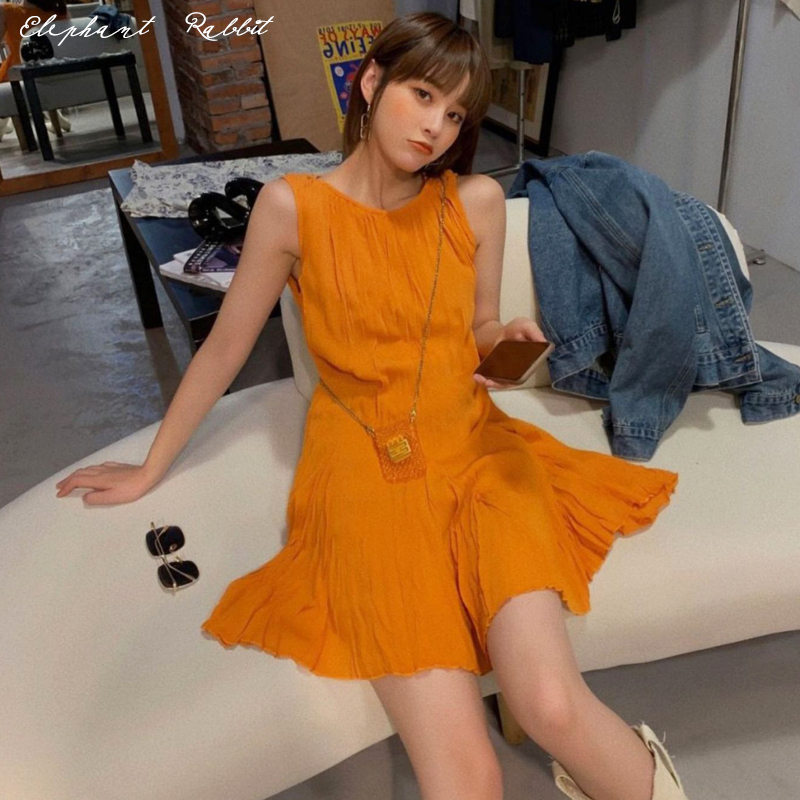 French-Style Orange Dress, Summer Loose Fit, Slimming, Petite, Sanya Seaside Vacation, Sleeveless Tank Top Beach Dress