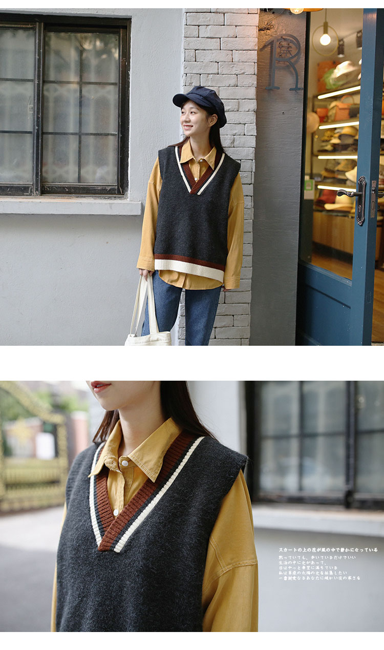 Xã hội Miki / cổng retro gió cổ chữ V phù hợp với áo len không tay không tay cardigan nữ