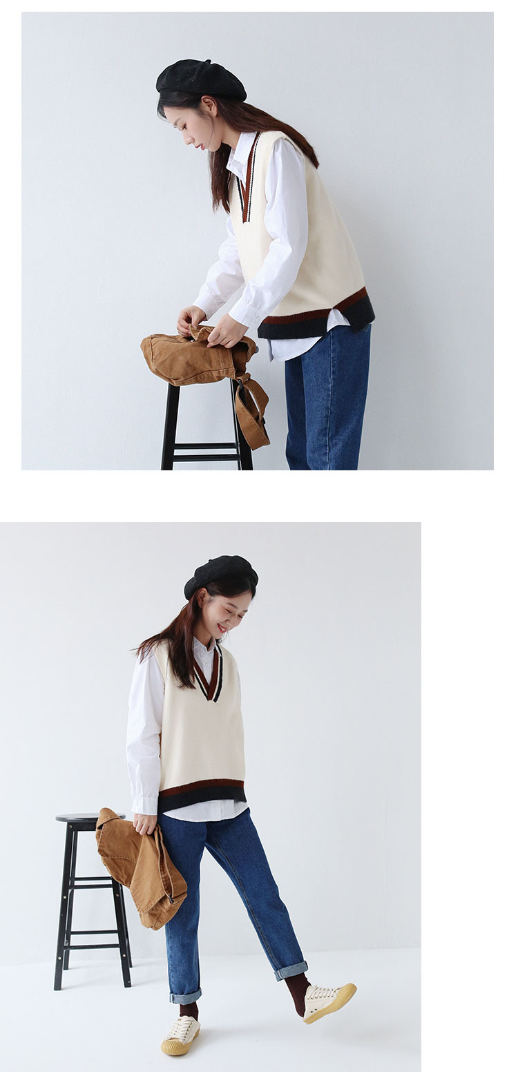 Xã hội Miki / cổng retro gió cổ chữ V phù hợp với áo len không tay không tay cardigan nữ