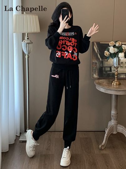 Костюм La Chapelle: флисовая толстовка и спортивные брюки с принтом, повседневный спортивный костюм для женщин, полный комплект для осени и зимы, эффект стройности.