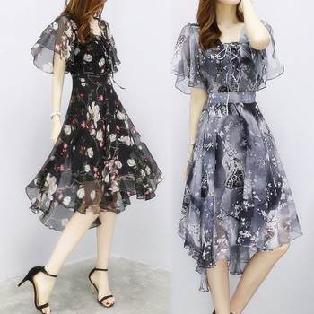 Irregular temperament fashionable printed chiffon dress