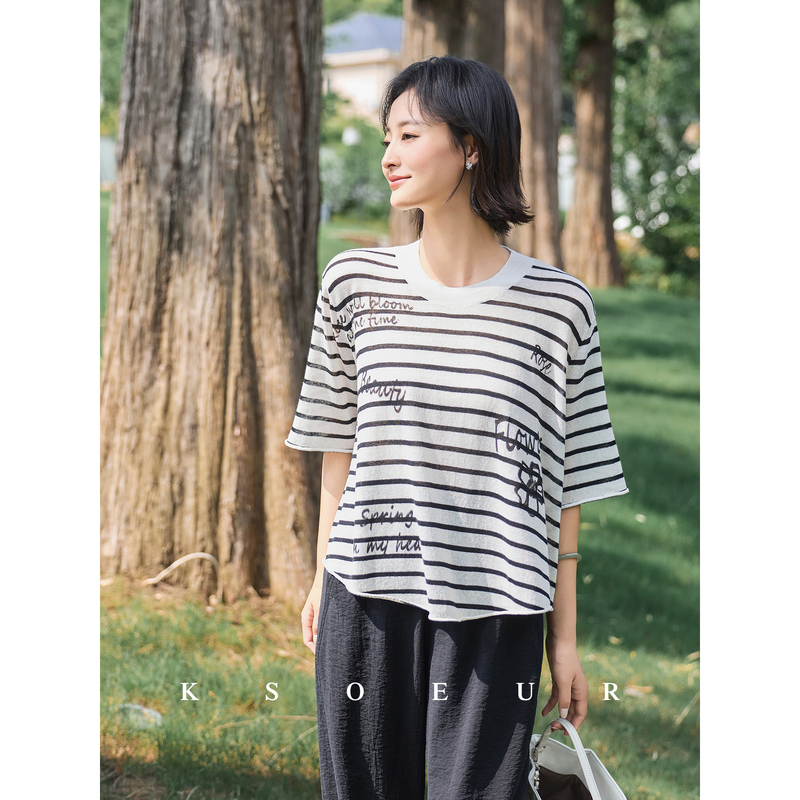 K Sister Ksoeur【Light Floral Pattern Shirt】Youthful Doll Shirt Watercolor Graffiti Print Striped Knit Top for Women K Sister Ksoeur【Light Floral Pattern Shirt】Youthful Doll Shirt Watercolor Graffiti Print Striped Knit Top for Women