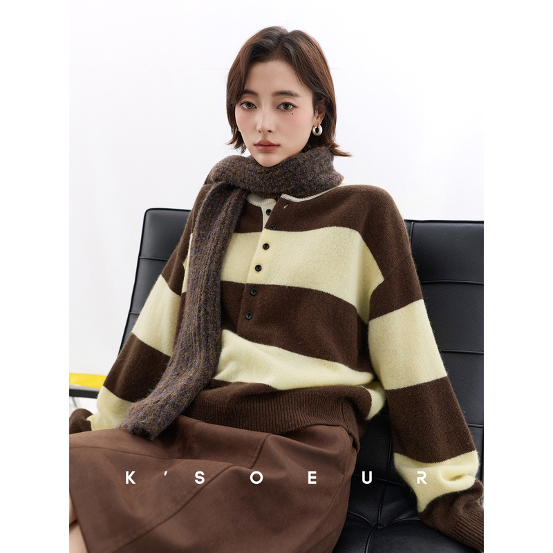 K Sister Ksoeur【Butter Chocolate】 Color-Blocked Stripes Henry Collar Merino Wool Knit Sweater