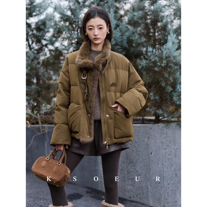 K Sister Ksoeur【Amber】Rabbit Fur Spliced with Genuine Leather, Bark Crepe Texture, 90% White Duck Down, Elegant down Jacket