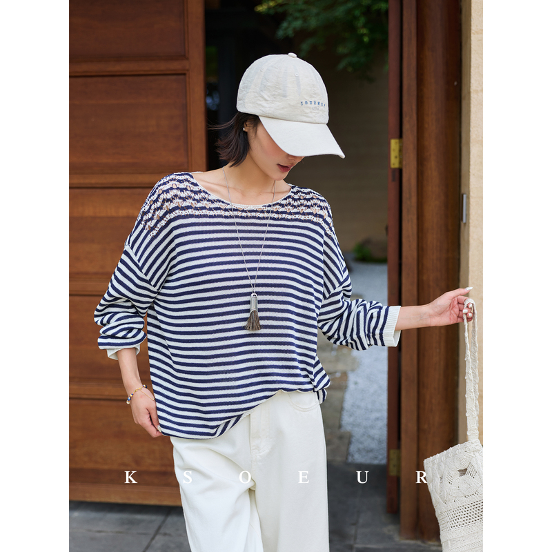 K Sister Ksoeur【Crochet Striped Sweater】Tencel Linen Heavy Craft Wave Hollow Crochet Striped Knitwear for Women