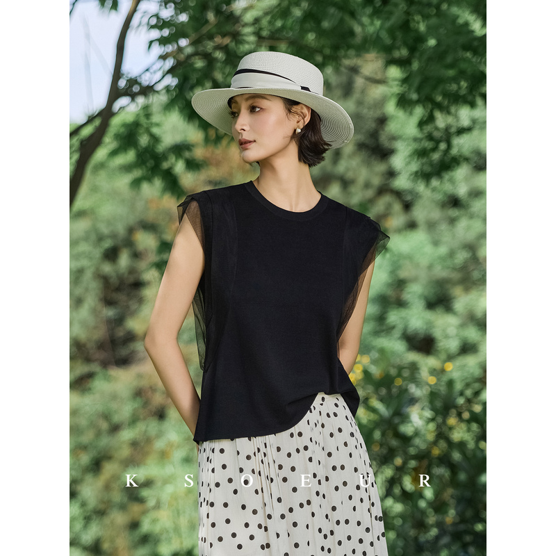 K Sister Ksoeur【Cloud Veil Shadow】Heavy-Duty Silk Three-Dimensional Splicing Mesh Small Flutter Sleeve Versatile Blouse