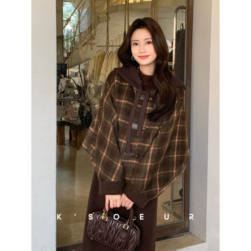 K Sister Ksoeur【Hazelnut Plaid】Alpaca Wool Blend Intelligent Woolen Plaid Patchwork Hooded Coat