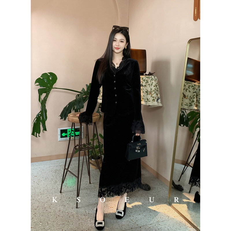 K Sister Ksoeur Velvet Suit 【Ink Cloud Evening Smoke】 Retro V-Neck Lace Patchwork New Chinese Style Suit K Sister Ksoeur Velvet Suit 【Ink Cloud Evening Smoke】 Retro V-Neck Lace Patchwork New Chinese Style Suit