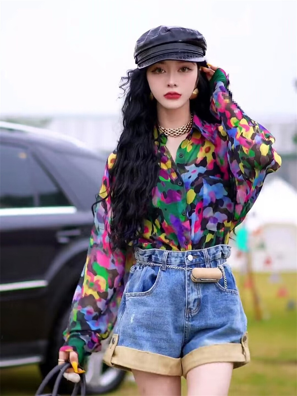 Hong Kong Style Retro Unique and Chic Tie-Dye Printed Long-Sleeved Shirt for Women, Spring Fashionable, Age-Reducing, Versatile Single-Breasted Floral Shirt