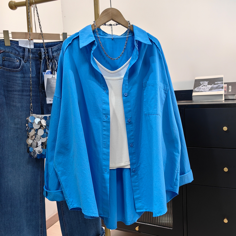 High-End Blue Oversized Pure Cotton Long-Sleeved Shirt Jacket for Women, Autumn Korean Style, Stylish and Loose-Fitting Shirt